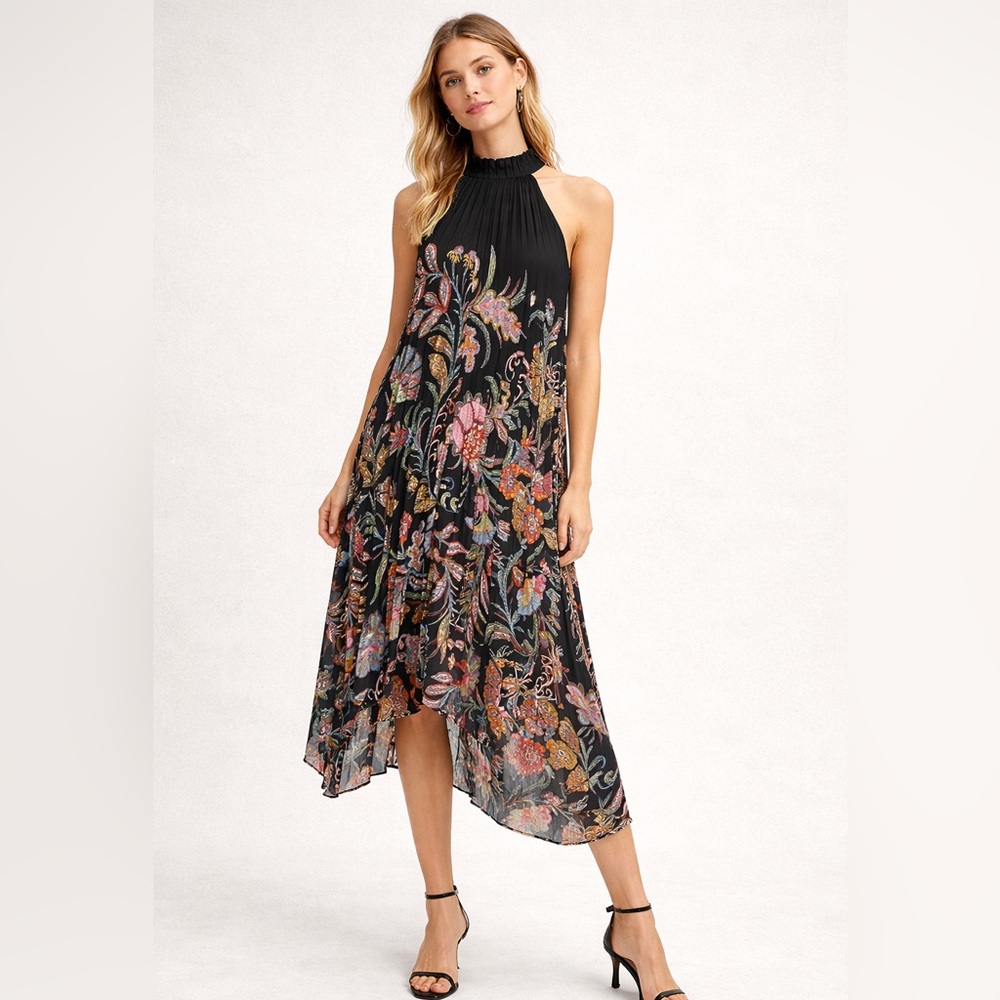 Anthropologie Cecily Pleated Midi Dress Halter Neck Size XS